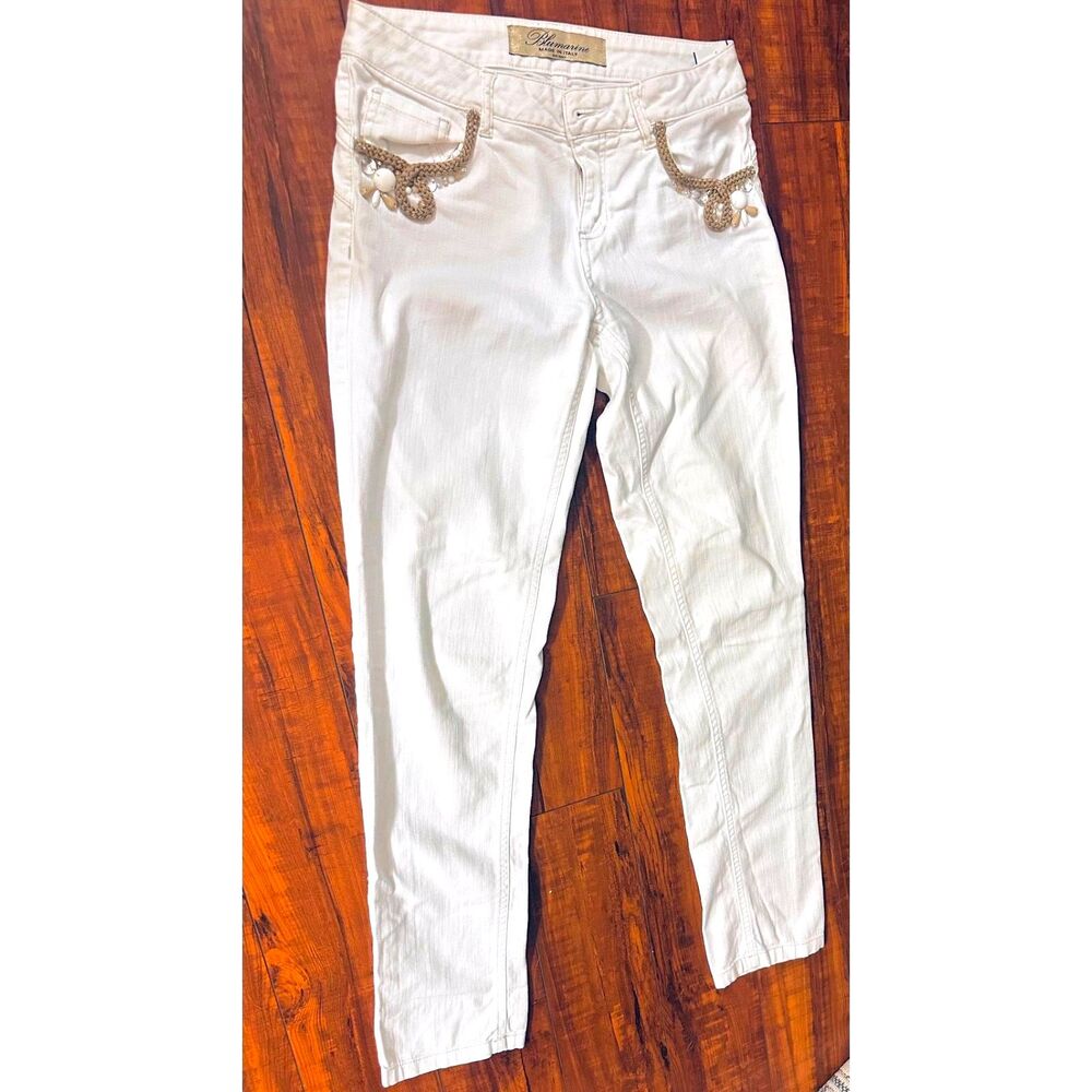 Blumarine Italy Retro Coastal White Glam w/Rope & Crystals Embellished Pants 27